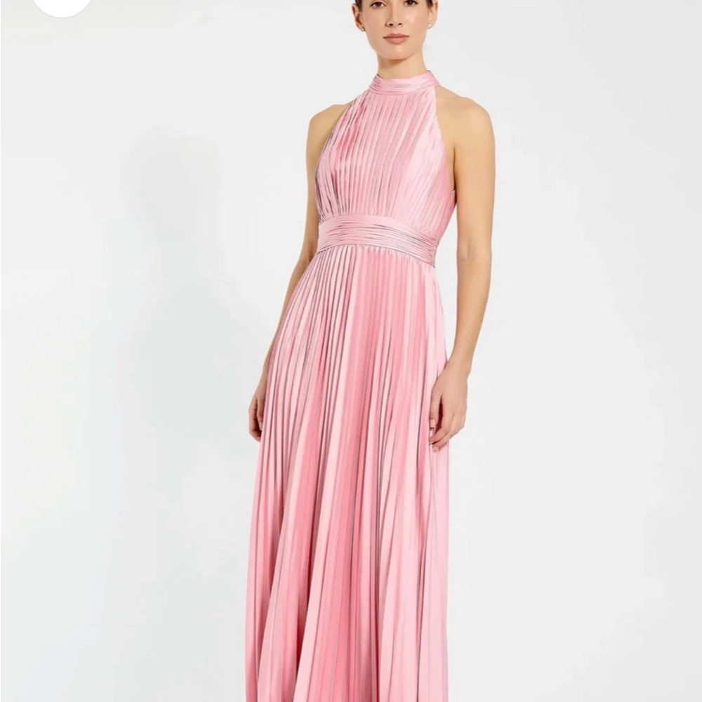 Mac Duggal Blush Pink Halter Satin Pleated Maxi Dress Gown